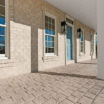 1354 Lucy Ln Front Covered Porch Stamped + Colored Concrete. Mayan Cobblestone Pattern, Butterfield U20 Smoke Base Color with R26/SGR26/PT26 Cape Cod Gray Release Color
