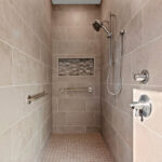 3320 Cottage Hill Owners Walk-In Tiled Shower. Zero Entry Barrier Free. Shampoo Niche. Grab Bars. Handheld Sprayer.