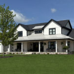 704 Royal St Pats Exterior. Modern Farmhouse. White Board & Batten LP SmartSide DiamondKote Siding. Central States Horizon-Loc Gray Metal Roofing. CertainTeed Moire Black Shingles. Black Soffit and Fascia. Black Trim Boards around Black Windows. ProVia Terra Cut Frost Stone. Belden Modular Economo Alaska White Velour Brick with White Mortar.